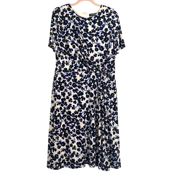 Lauren Ralph Lauren Cocktail Dress Size 16 ALine Blue Floral Stretch Event Party - Picture 2 of 13